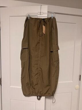 Olive Cargo Maxi Skirt with Drawstring Hem
